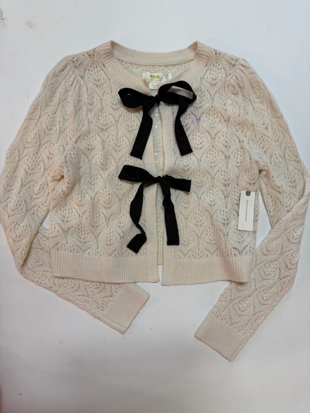 Maeve Cream Open-Knit Sweater Cardigan with Black Ribbon Ties